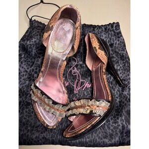 Y2K Vintage Baby Phat Pink Snake Print High Heel Sandals Ruffle Detail